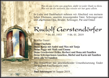 Traueranzeige von Rudolf Gerstendörfer von Südthüringer Presse
