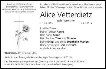 Traueranzeige von Alice Vetterdietz von Neue Presse Coburg