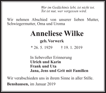 Traueranzeige von Anneliese Wilke von Südthüringer Presse