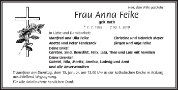 Traueranzeige von Anna Feike von Frankenpost