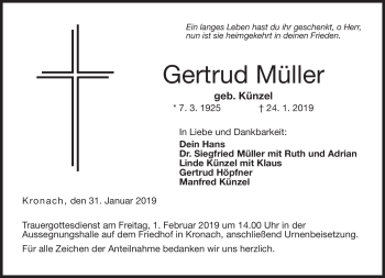 Traueranzeige von Gertrud Müller von Neue Presse Coburg