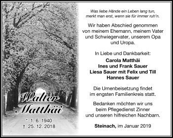 Traueranzeige von Walter Matthäi von Südthüringer Presse