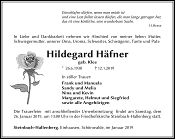 Traueranzeige von Hildegard Häfner von Südthüringer Presse