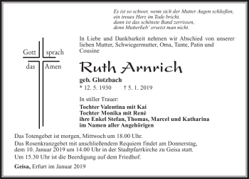 Traueranzeige von Ruth Arnrich von Südthüringer Presse