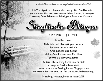 Traueranzeige von Sieglinde Bürger von Südthüringer Presse