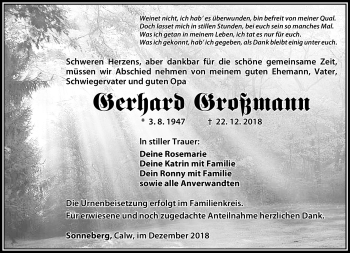 Traueranzeige von Gerhard Großmann von Südthüringer Presse