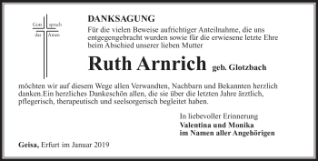 Traueranzeige von Ruth Arnirch von Südthüringer Presse