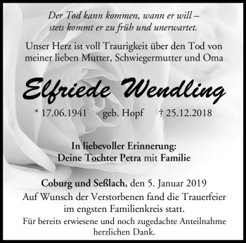 Traueranzeige von Elfriede Wendling von Neue Presse Coburg