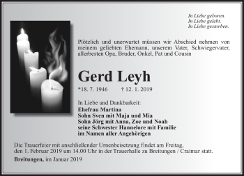 Traueranzeige von Gerd Leyh von Südthüringer Presse