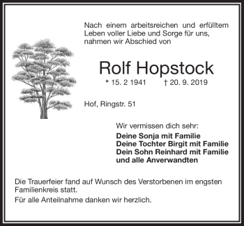 Traueranzeige von Rolf Hopstock von Frankenpost