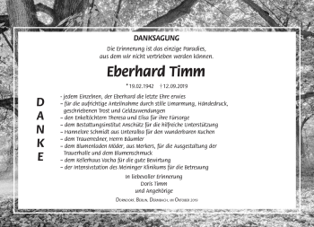 Traueranzeige von Eberhard Timm von Südthüringer Presse