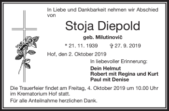 Traueranzeige von Stoja Diepold von Frankenpost