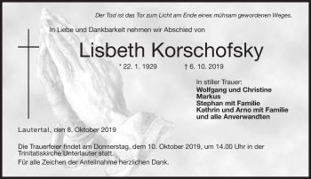 Traueranzeige von Lisbeth Korschofsky von Neue Presse Coburg