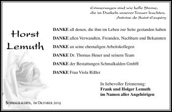 Traueranzeige von Lemuth Horst von Südthüringer Presse