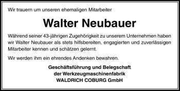 Traueranzeige von Walter Neubauer von Neue Presse Coburg