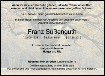 Traueranzeige von Franz Süßenguth von Neue Presse Coburg