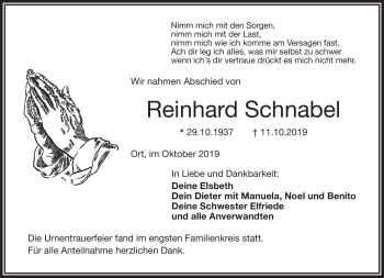 Traueranzeige von Reinhard Schnabel von Frankenpost