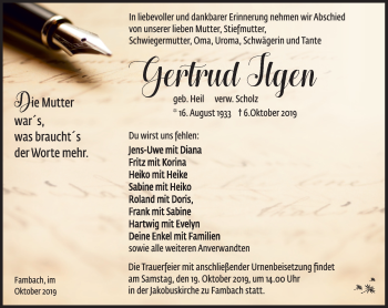 Traueranzeige von Gertrud Ilgen von Südthüringer Presse
