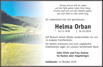 Traueranzeige von Helma Orban von Südthüringer Presse