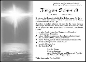 Traueranzeige von Jürgen Schmidt von Südthüringer Presse