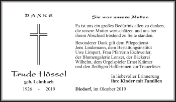 Traueranzeige von Trude Hössel von Südthüringer Presse