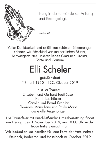 Traueranzeige von Elli Scheler von Südthüringer Presse