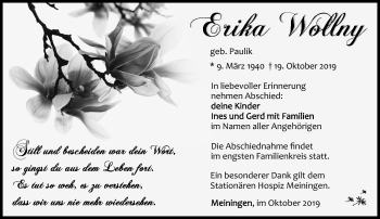Traueranzeige von Erika Wollny von Südthüringer Presse