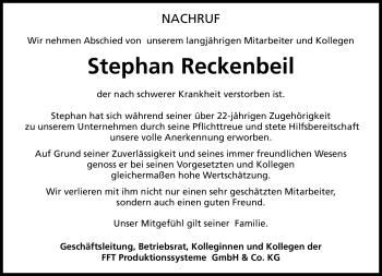 Traueranzeige von Stephan Reckenbeil von Südthüringer Presse
