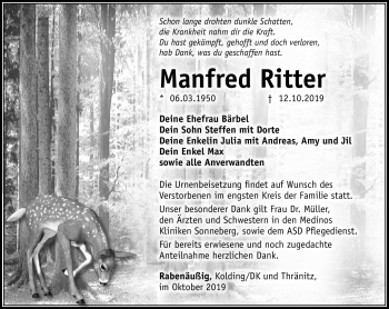 Traueranzeige von Manfred Ritter von Südthüringer Presse
