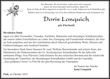 Traueranzeige von Doris Lonquich von Südthüringer Presse