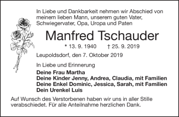 Traueranzeige von Manfred Tschauder von Frankenpost
