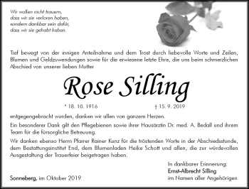 Traueranzeige von Rose Silling von Südthüringer Presse