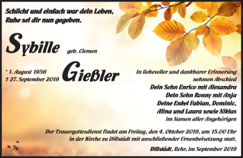 Traueranzeige von Sybille Gießler von Südthüringer Presse