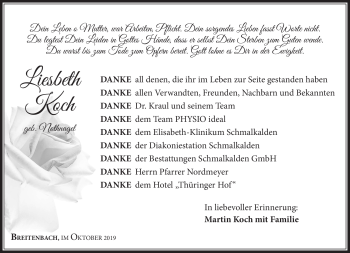 Traueranzeige von Liesbeth Koch von Südthüringer Presse