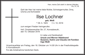 Traueranzeige von Ilse Lochner von Frankenpost