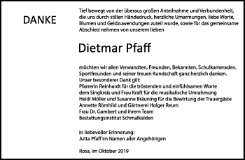 Traueranzeige von Dietmar Pfaff von Südthüringer Presse