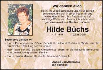 Traueranzeige von Hilde Büchs von Neue Presse Coburg