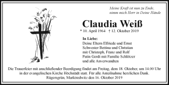Traueranzeige von Claudia Weiß von Frankenpost