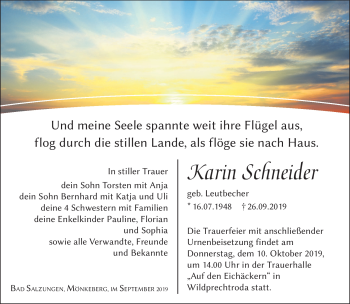 Traueranzeige von Karin Schneider von Südthüringer Presse