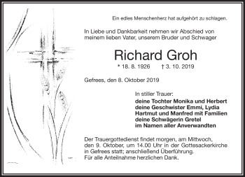 Traueranzeige von Richard Groh von Frankenpost