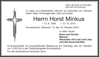 Traueranzeige von Horst Minkus von Frankenpost