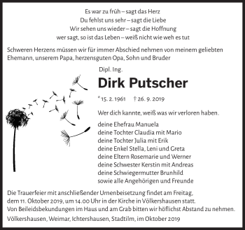 Traueranzeige von Dirk Putscher von Südthüringer Presse
