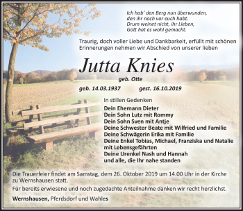 Traueranzeige von Jutta Knies von Südthüringer Presse