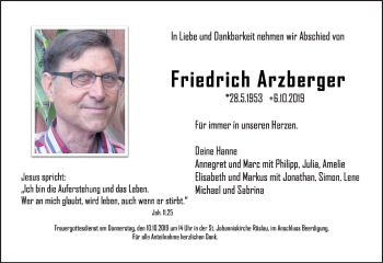 Traueranzeige von Friedrich Arzberger von Frankenpost