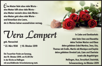 Traueranzeige von Vera Lempert von Südthüringer Presse