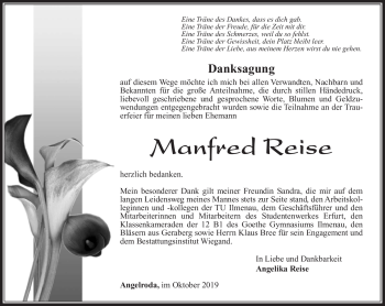 Traueranzeige von Manfred Reise von Südthüringer Presse