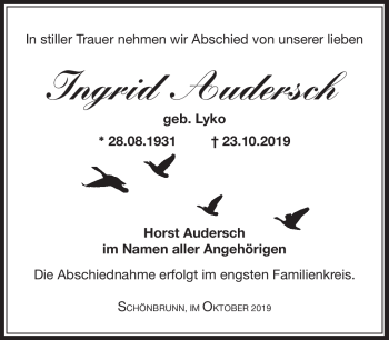 Traueranzeige von Ingrid Audersch von Südthüringer Presse