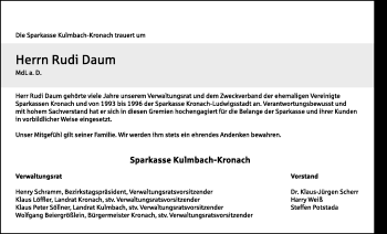Traueranzeige von Rudi Daum von Frankenpost