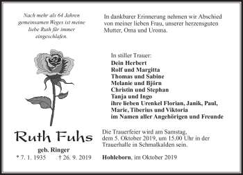 Traueranzeige von Ruth Fuhs von Südthüringer Presse