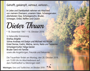Traueranzeige von Dieter Thurm von Südthüringer Presse